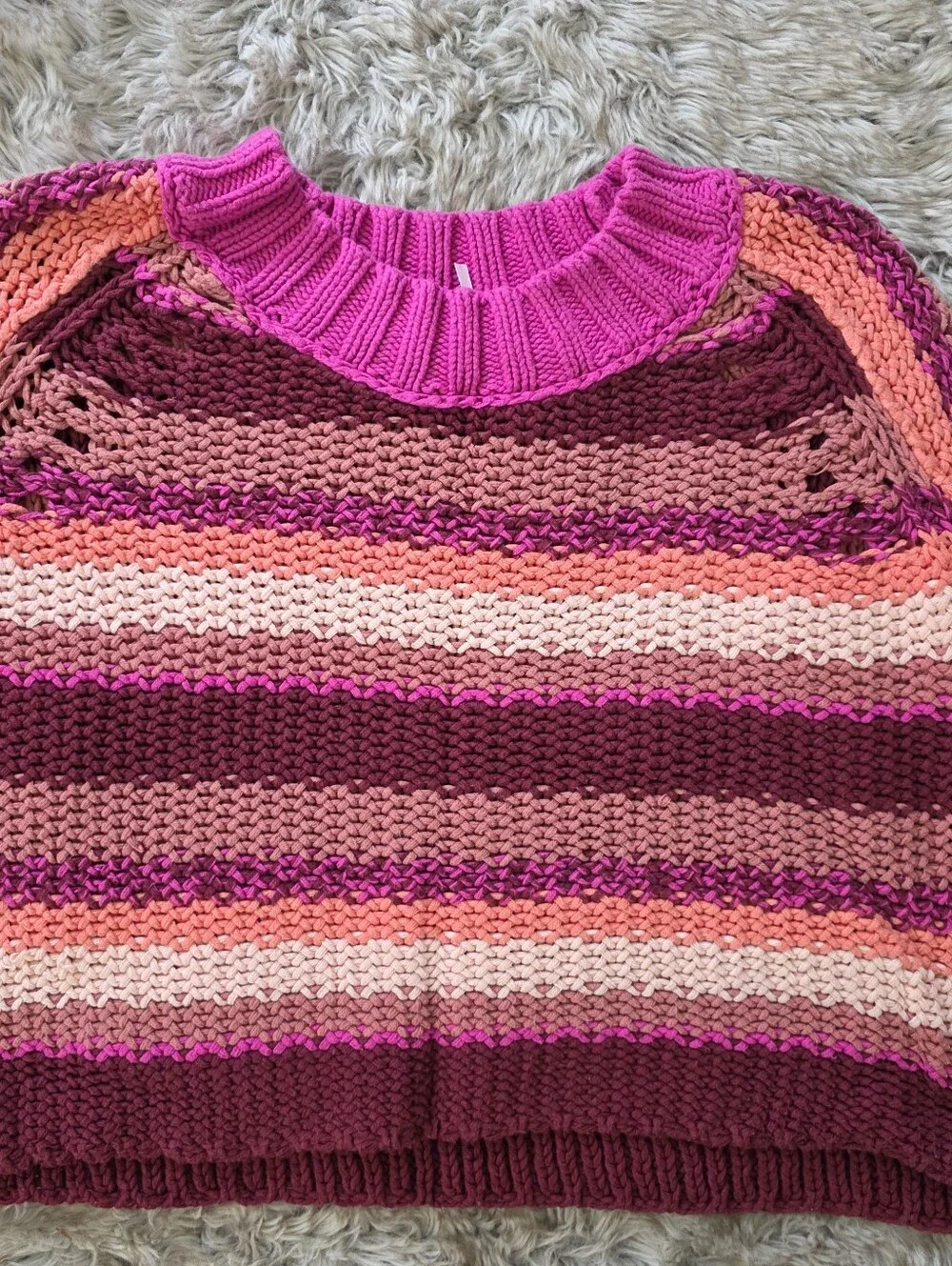 Free People Devon Striped Sweater Fuschia Rose Combo Cropped Length